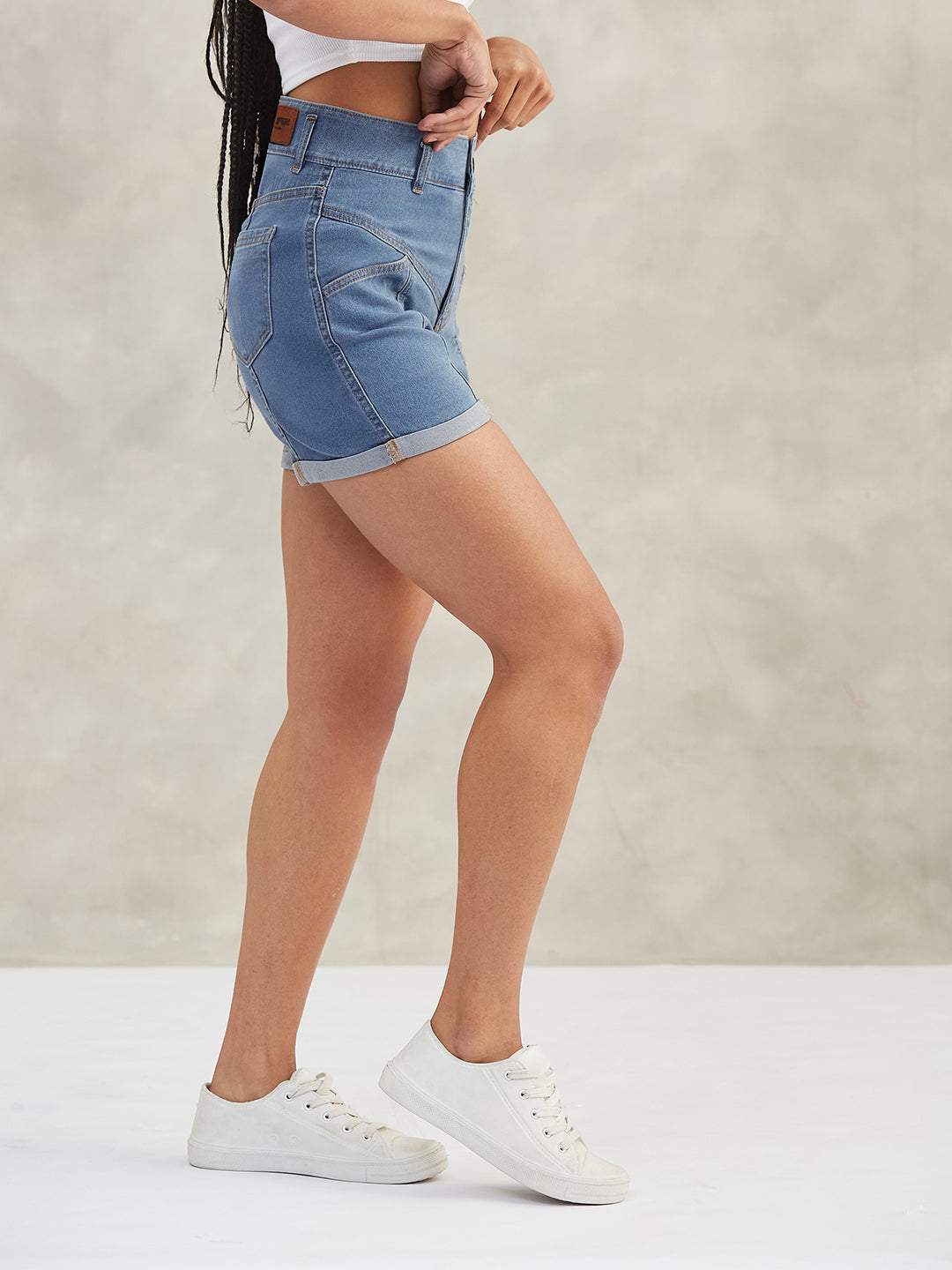 Women's Blue Relaxed-Fit High-Rise Stretchable Blue Denim Shorts