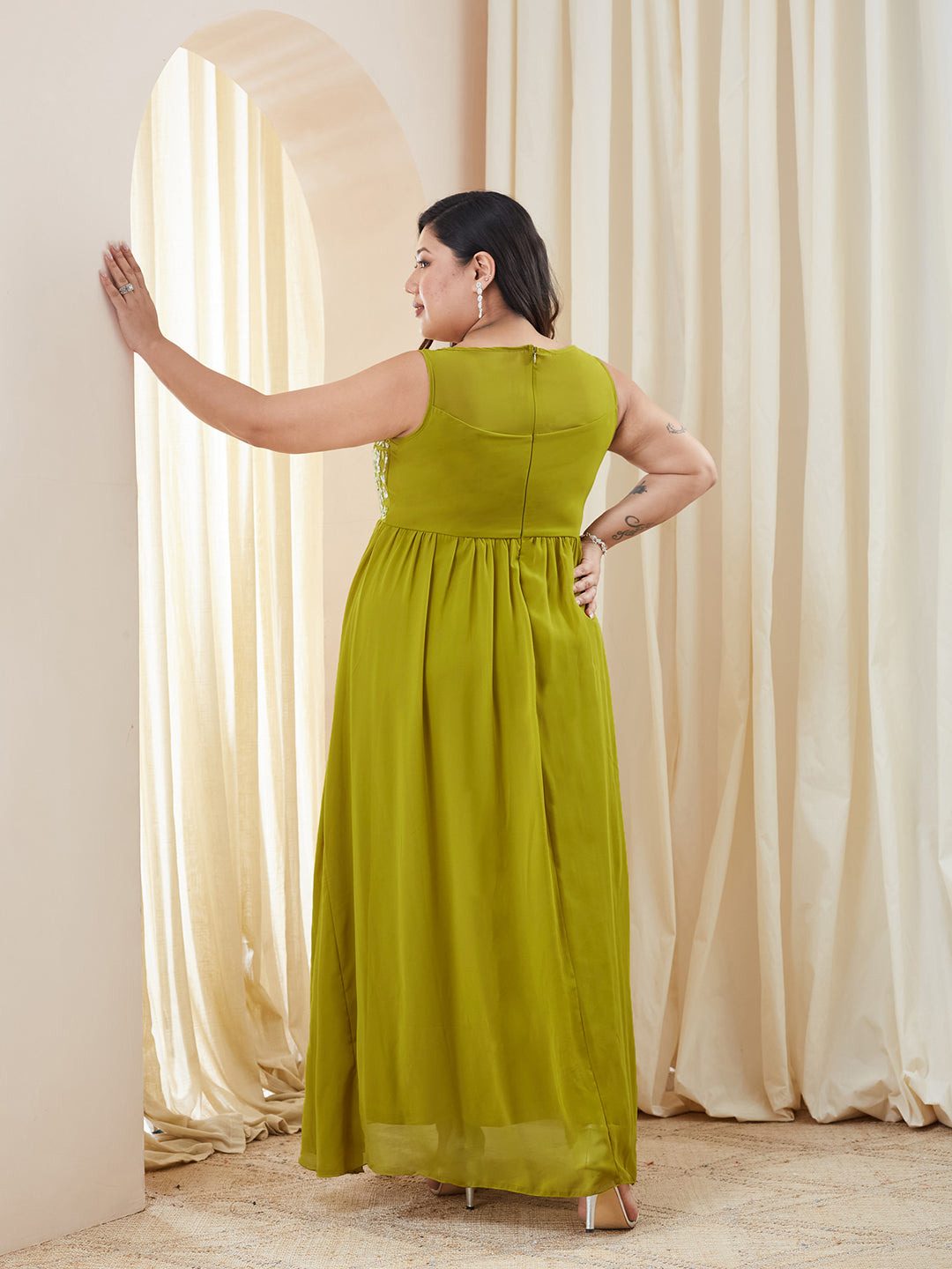 Lemon Green Boat-Neck Sleeveless Embroidered Georgette Gathered Maxi Dress for Women — Miss Chase A+