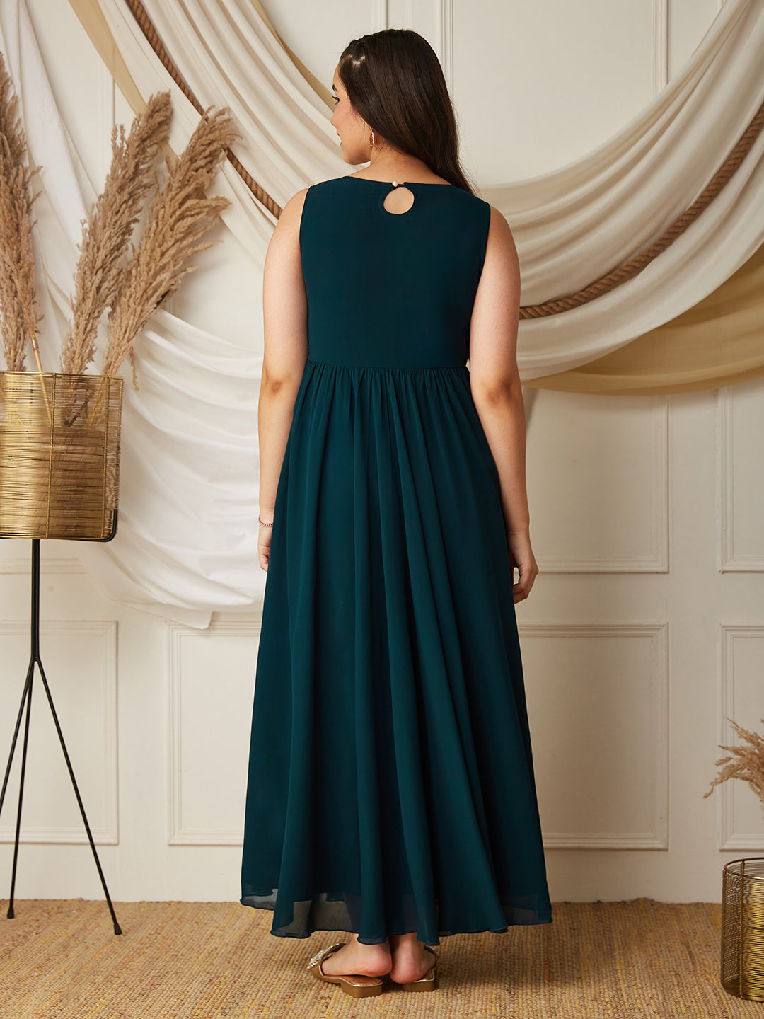 Multicolored-Base-Teal Round-Neck Sleeveless Embroidered Flared Polyester Maxi Dress