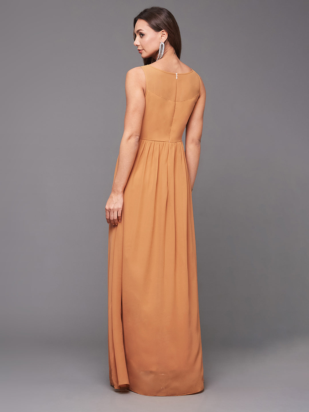 Women's Dusty Orange Boat Neck Sleeveless Embroidered Georgette Gathered Maxi Dress