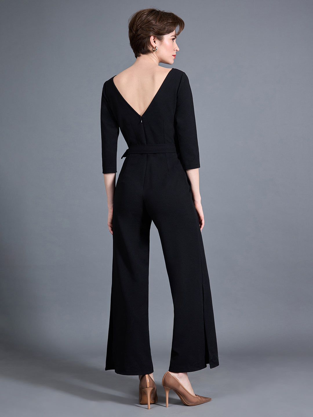 Women's Black Round Neck 3/4 Sleeve Solid Belted Wide leg Side Slit Maxi Jumpsuit