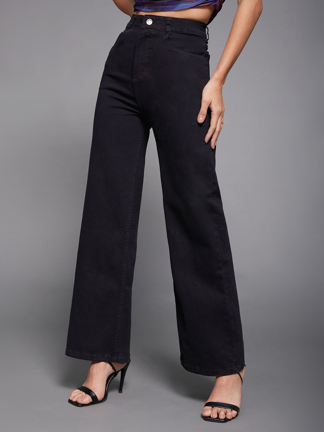 Women's Black Wide Leg High Rise Clean Look Regular-Length Stretchable Denim Jeans