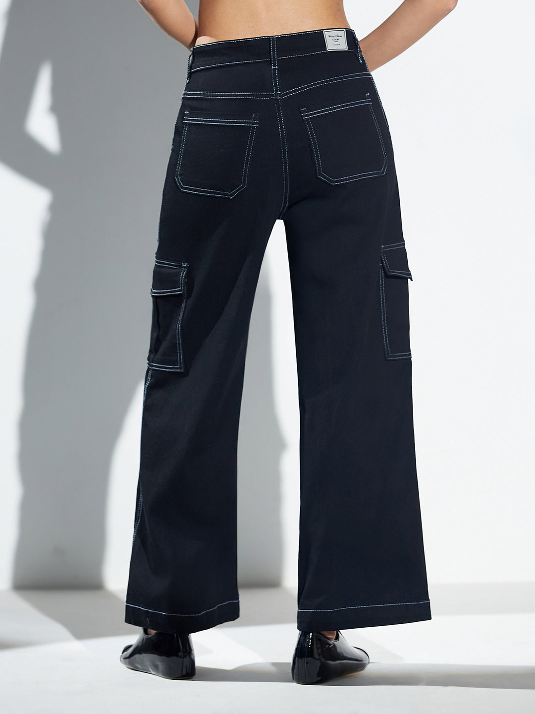 Black Acid Wash High-Rise Wide-Leg Cargo Denim Jeans with Tagging & 6 Pockets for Women — Miss Chase