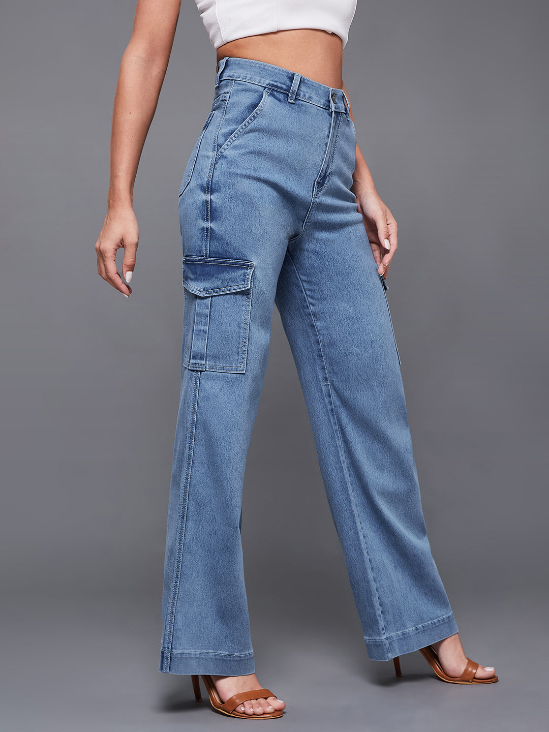 24/7 Comfort Women's Light Blue Wide Leg High Rise Stretchable Flared Cargo Denim Jeans