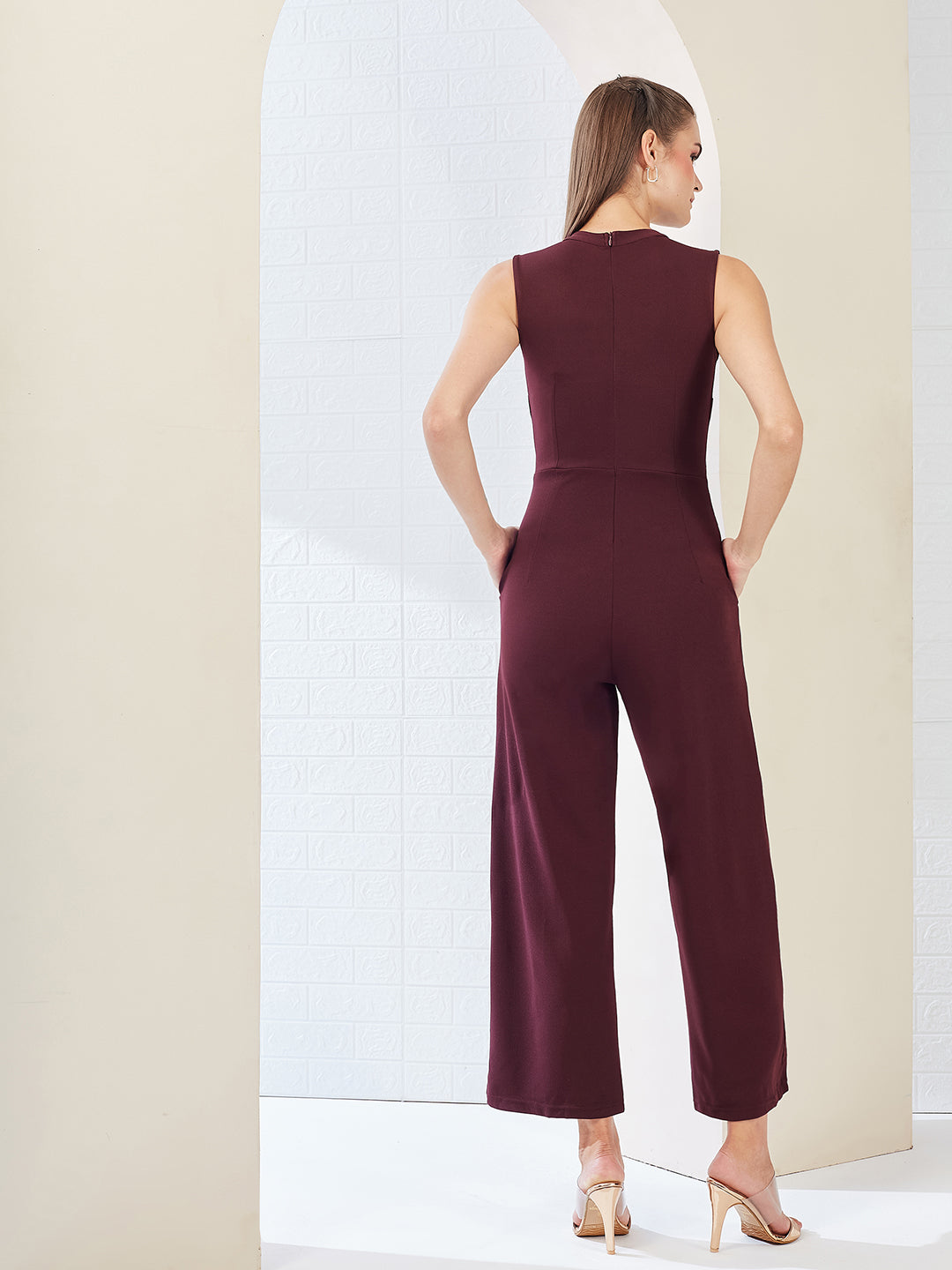 Wine Collared Sleeveless Solid Asymmetric Neck Cut-Out Regular Length Jumpsuit for Women