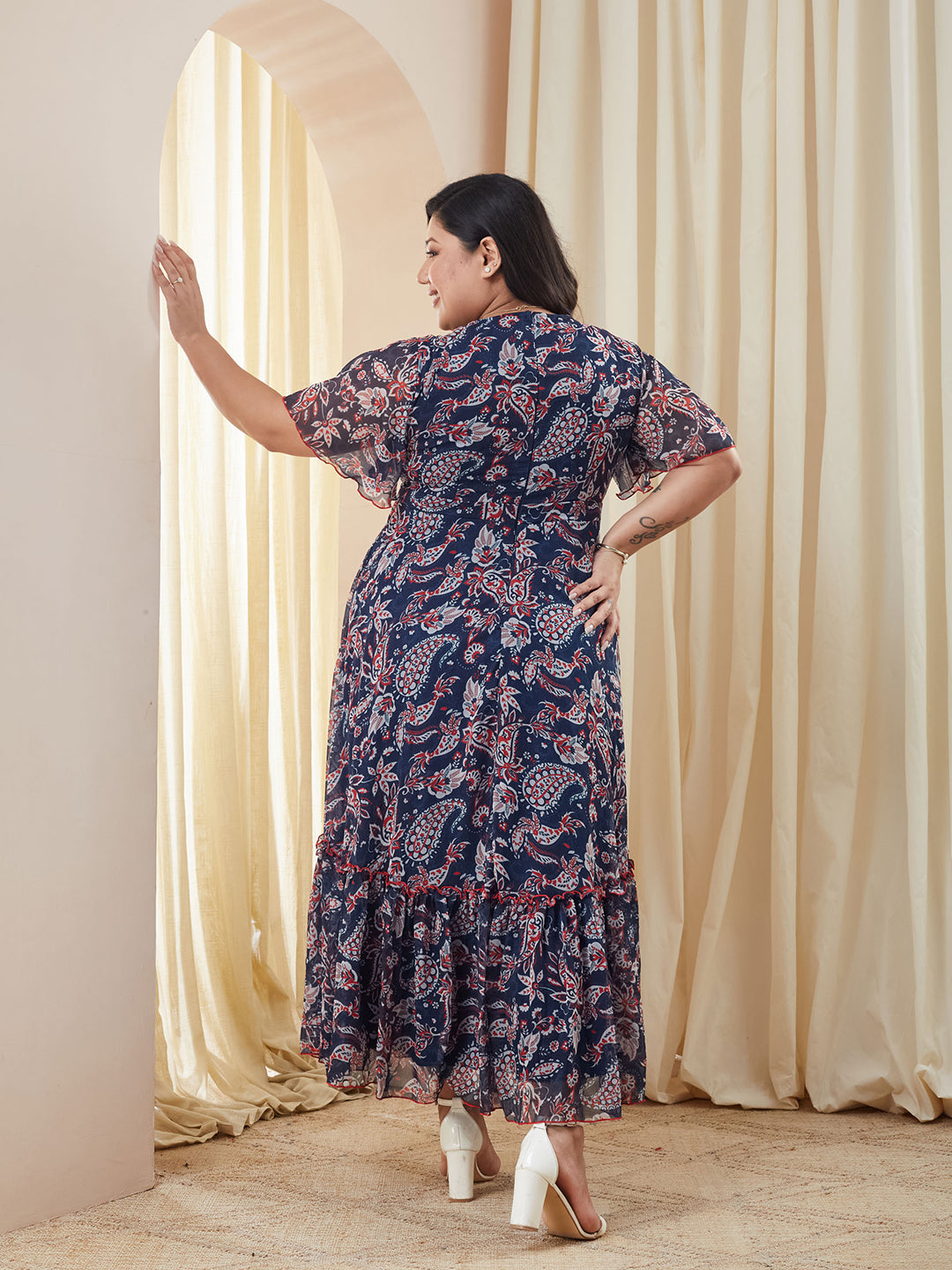 Multicolored Navy Floral Wrap Chiffon Maxi Dress with Flutter Sleeves & Frilled Hem for Women — Miss Chase A+
