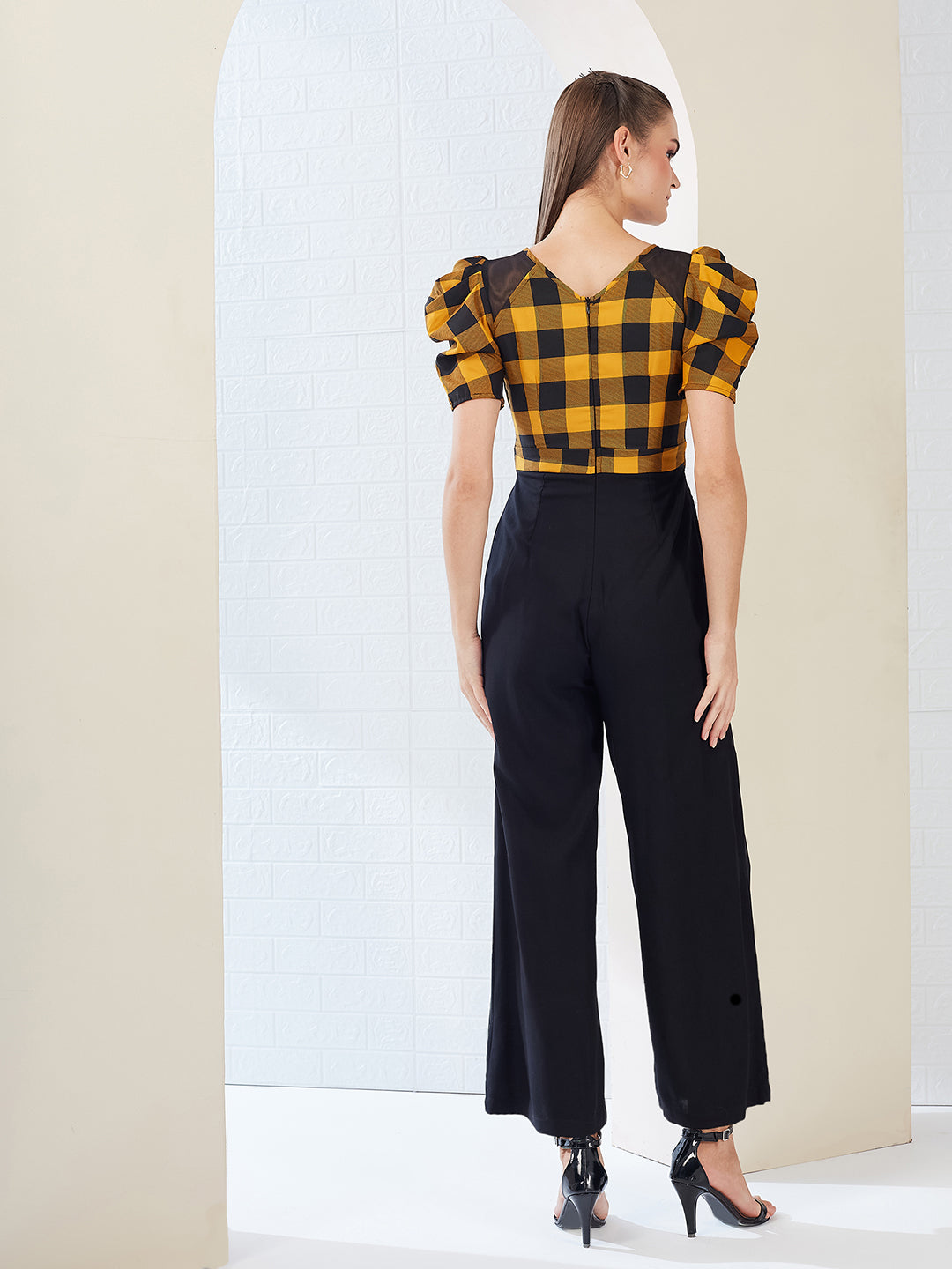 Black & Mustard Round Neck Cowl Sleeve Checkered Wide-leg Viscose-Rayon Regular Length Jumpsuit for Women — Miss Chase