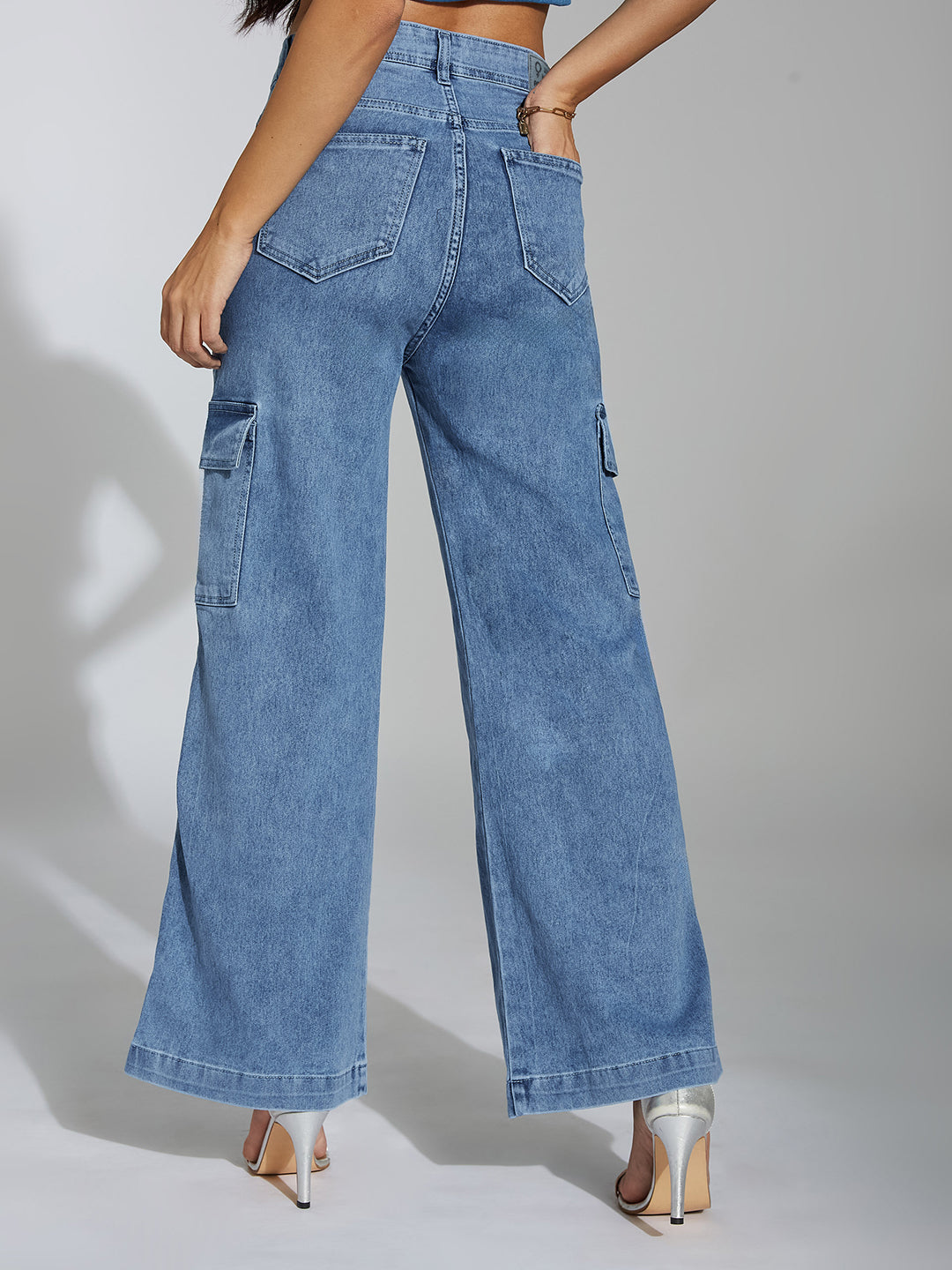 Women's Mid Blue Wide-Leg High-Rise Clean-Look Stretchable Denim Jeans