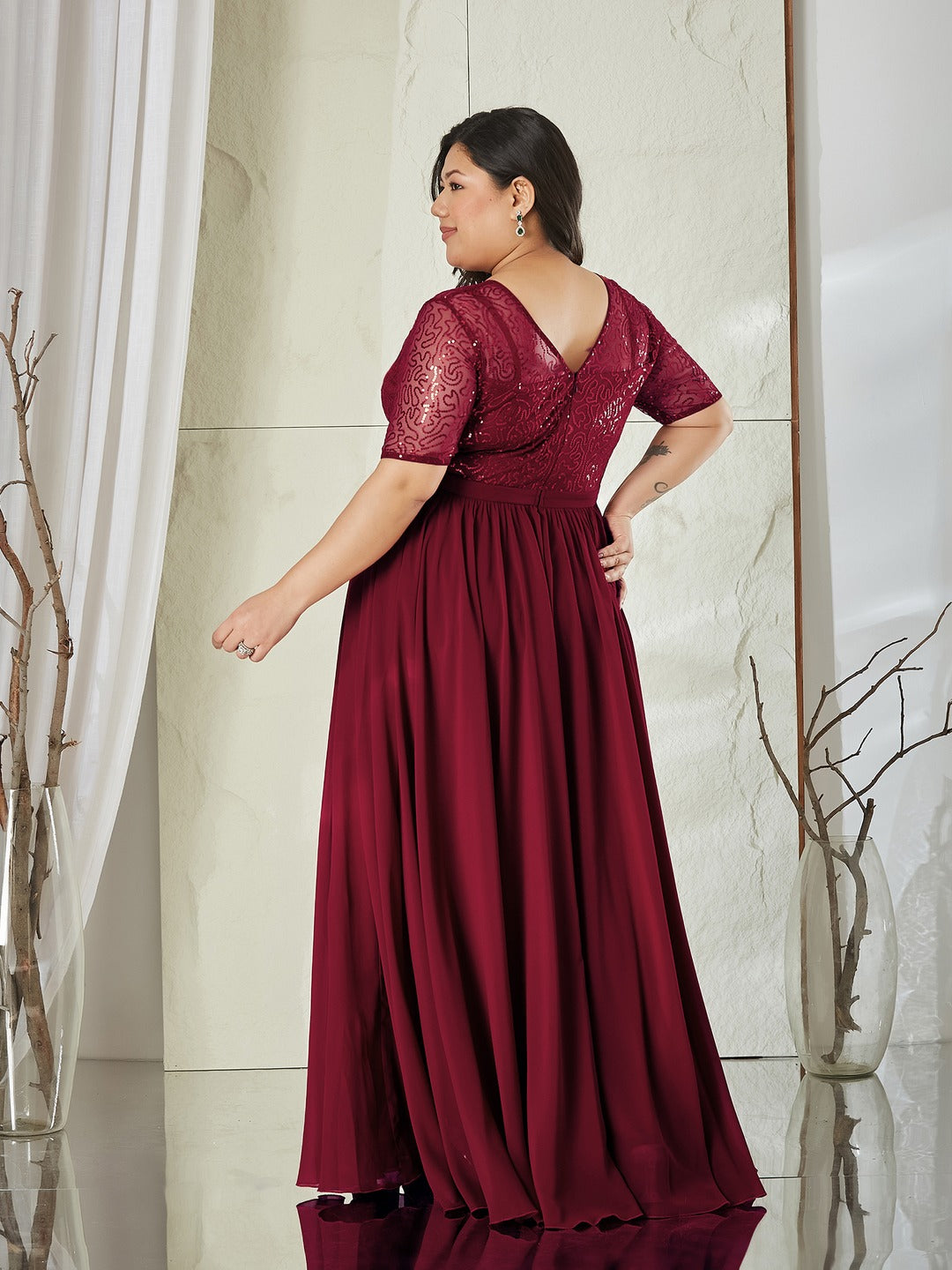 Maaroon Relaxed Fit Maxi Georgette & Sequins Dress for Women