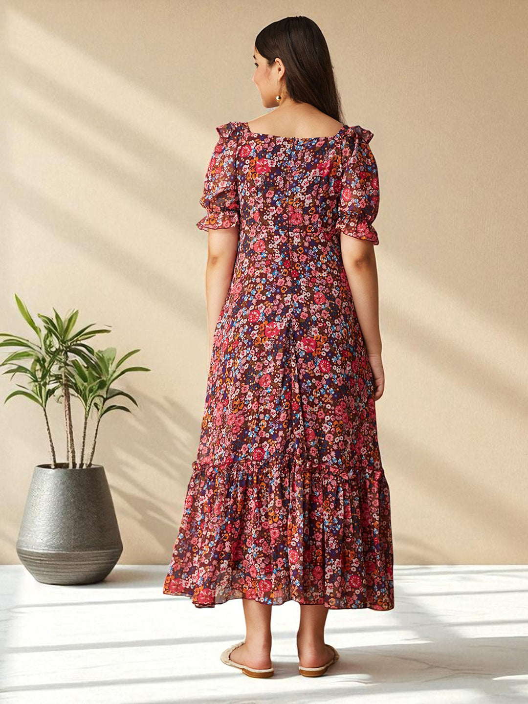 Multicolored-Base-Wine V-Neck Puff Sleeve Floral Ruching Ankle-Length Dress for Girls/Teenagers for Women — Mizuki