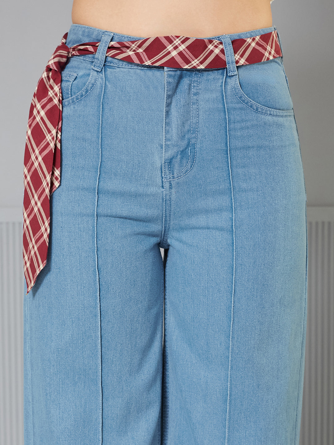 Light-Blue Straight-Fit High-Rise Regular-Length Non-Stretchable Denim Jeans with Detachable Necktie for Women — Miss Chase