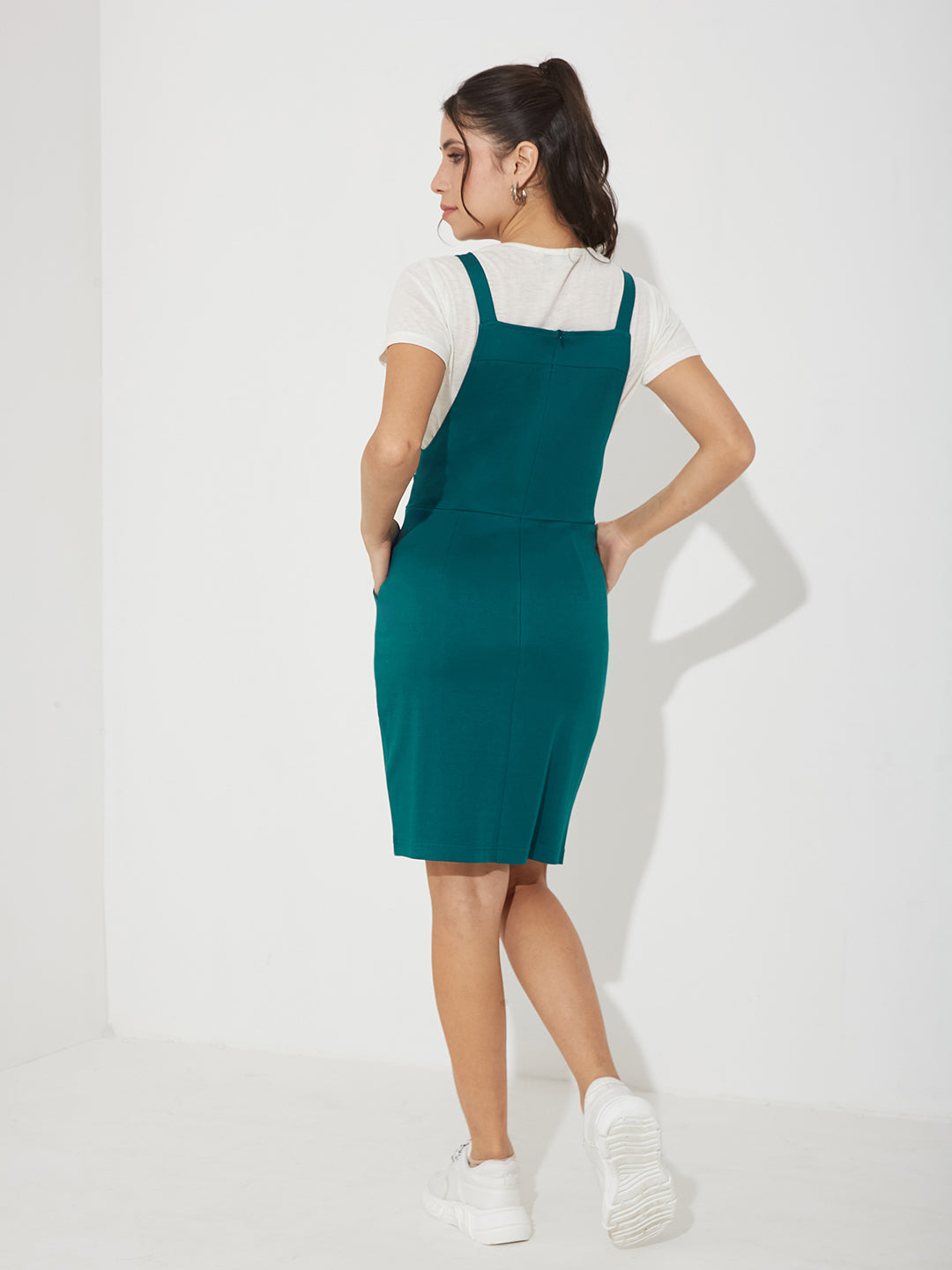 Turquoise Round Neck Half Sleeve Solid Pinafore Knee-Long Cotton Dress Co-Ord Set for Women — Miss Chase