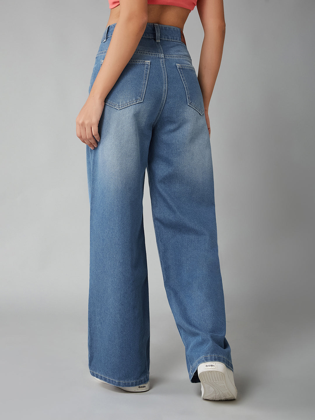 Women's Light Blue Wide-Leg High-Rise Clean-Look Regular-Length Non-stretchable Denim Jeans