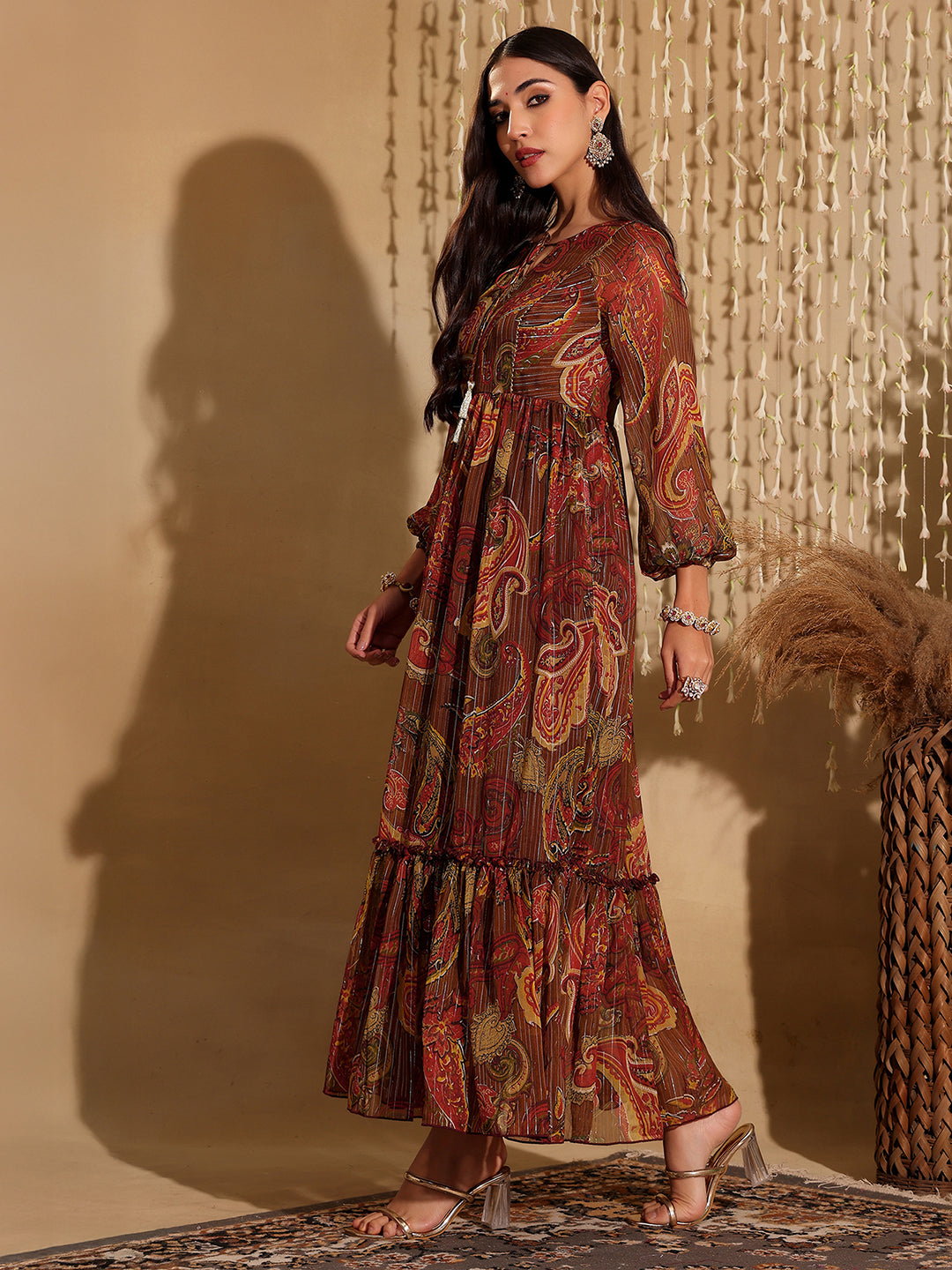 Women's Multicolored-Base-Brown Relaxed Fit Maxi Lurex Chiffon Dress