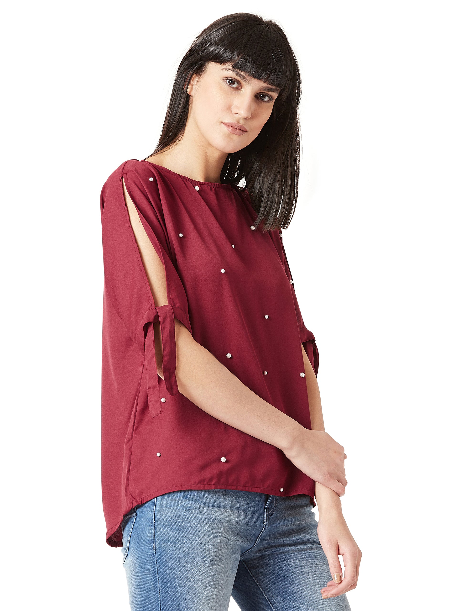 Women's Maroon Round Neck Half-Sleeve Pearl Tie-up Knot Top
