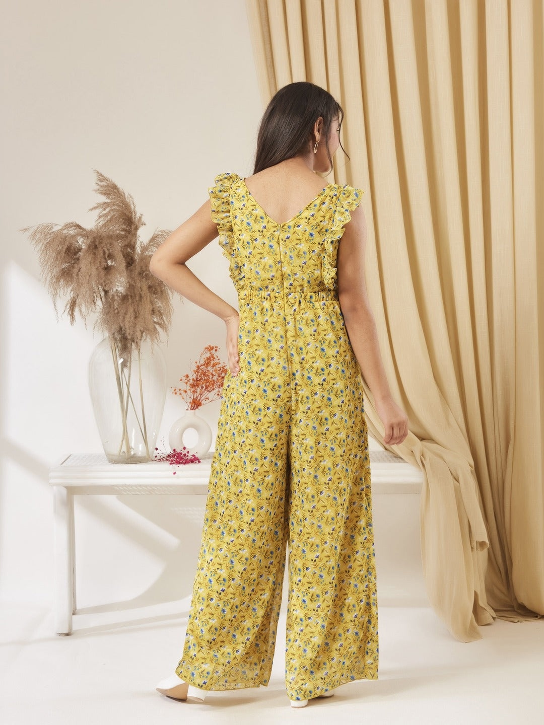 Yellow Round neck Sleeveless Floral Wide Leg Regular Jumpsuit for Girls/Teenagers