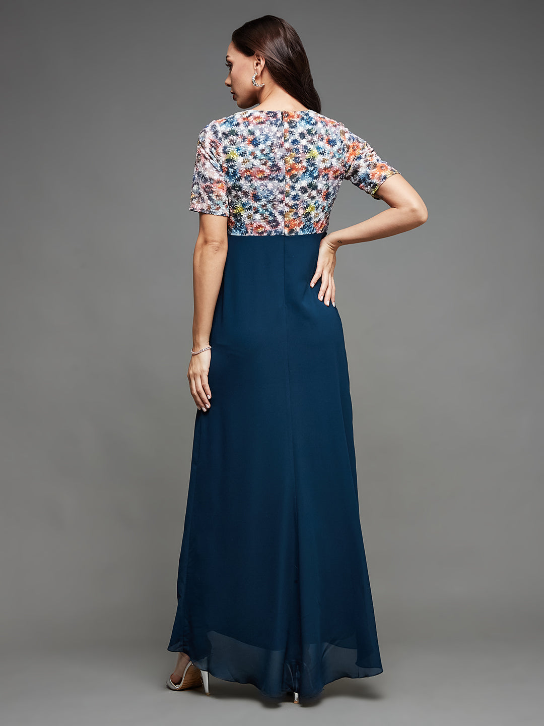 Women's Multicolored-Base-Teal V-Neck Half Sleeve Embroidered Layered Maxi Georgette Dress