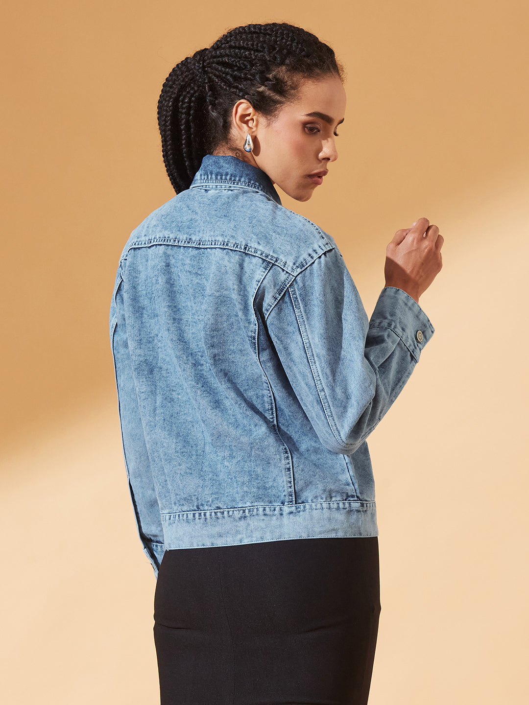 Light-Blue Collared Full Sleeve Solid Classic Denim Jacket for Women