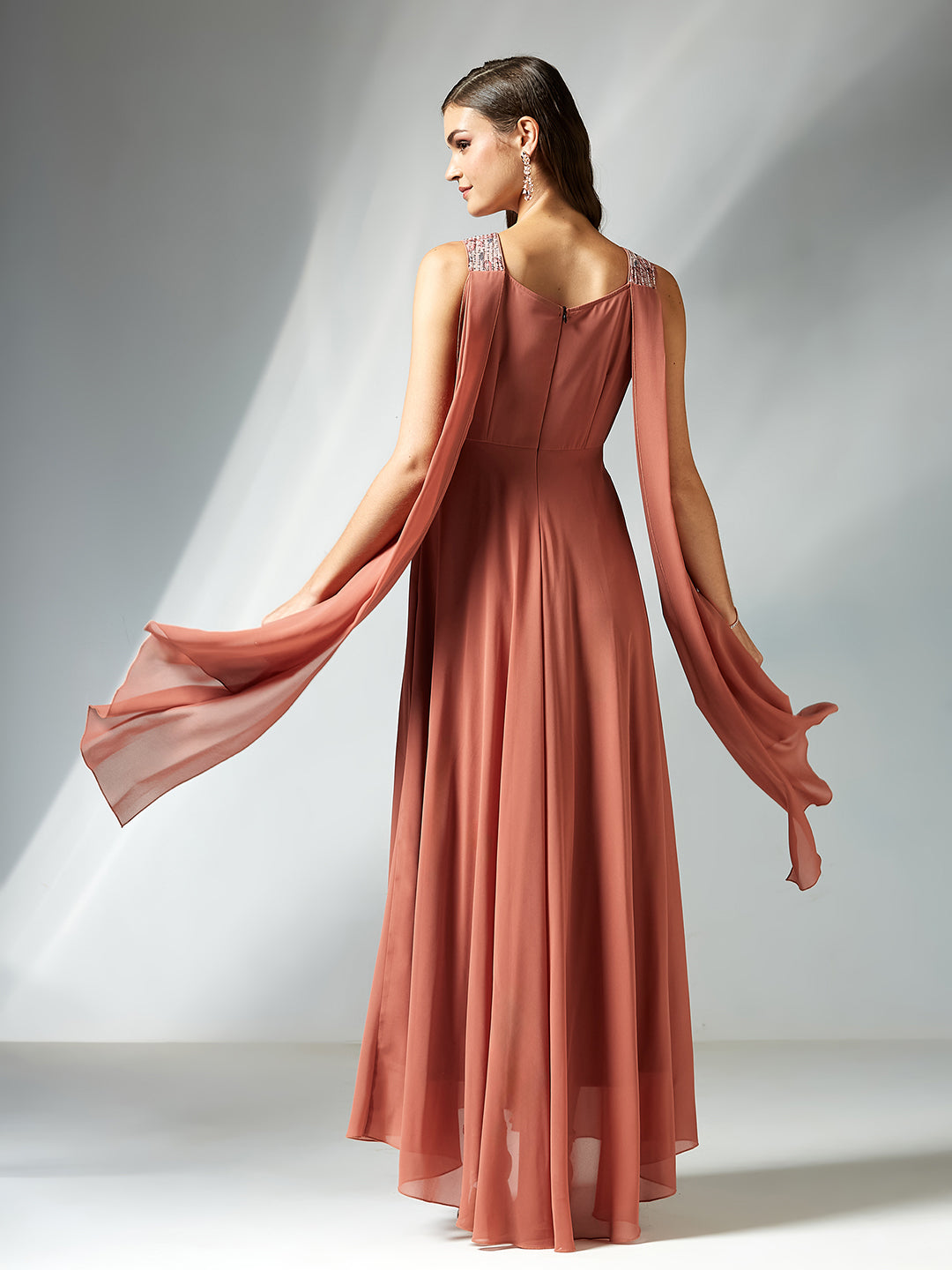Peach V-Neck Sleeveless Floral Cut-Out Georgette Maxi Dress for Women