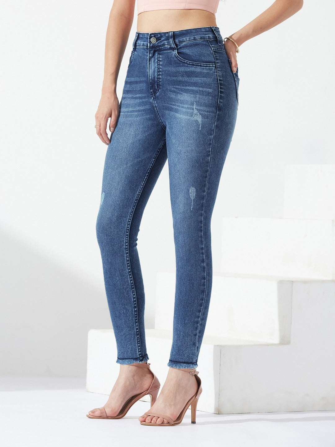 Mid Blue high-rise Mildly-Distressed Cropped Stretchable Denim Skinny Jeans for Women