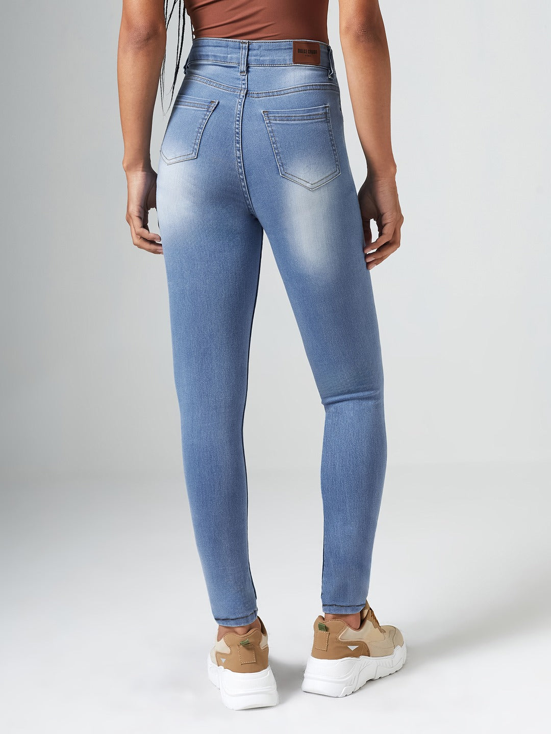 Blue High-Rise Mildly-Distressed Regular-Length Stretchable Denim Skinny Jeans for Women