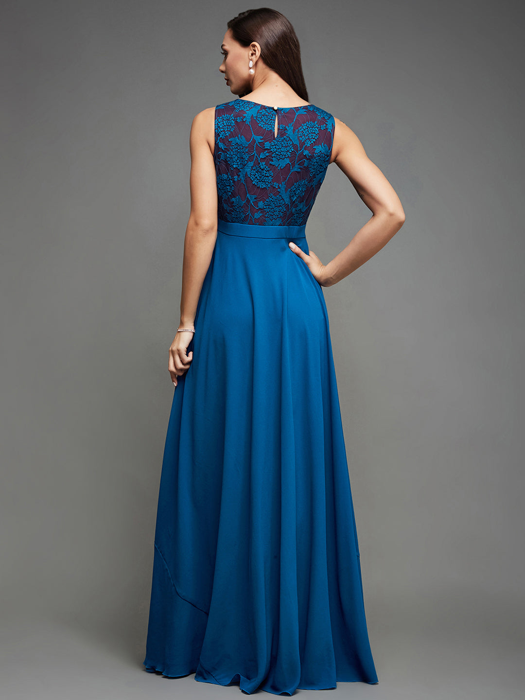 Women's Royal Blue Round Neck Sleeveless Georgette Floral Lace Fit & Flare Maxi Dress