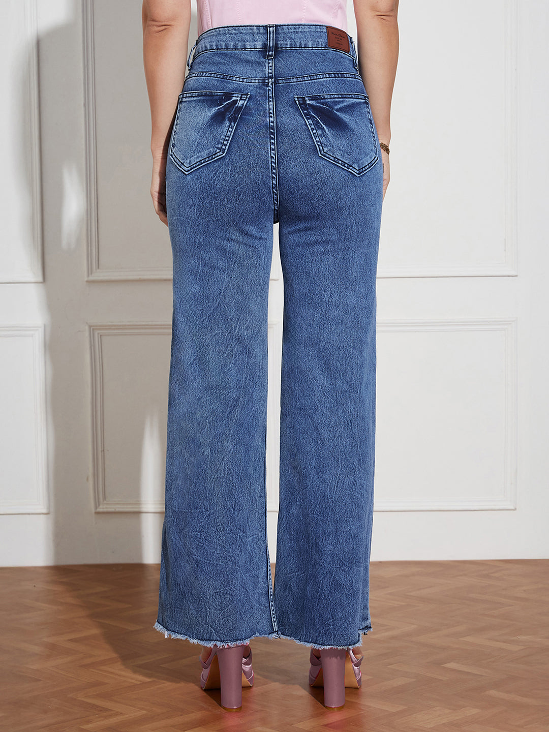 Women's Navy-Blue Wide-Leg High-Rise Clean-Look Stretchable Denim Jeans