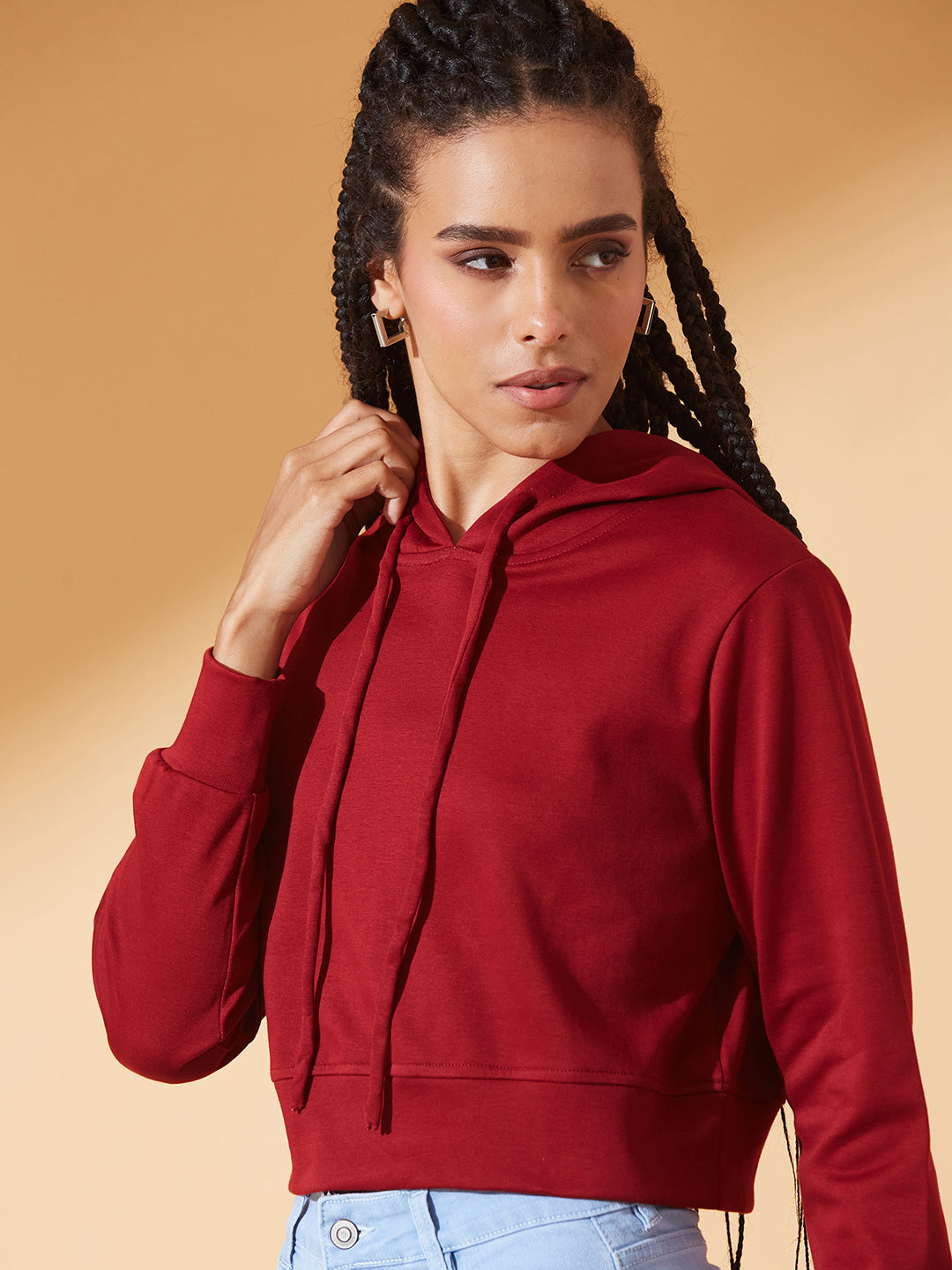Maroon Solid Round Neck Full Sleeve Hooded Boxy Crop Sweatshirt for Women