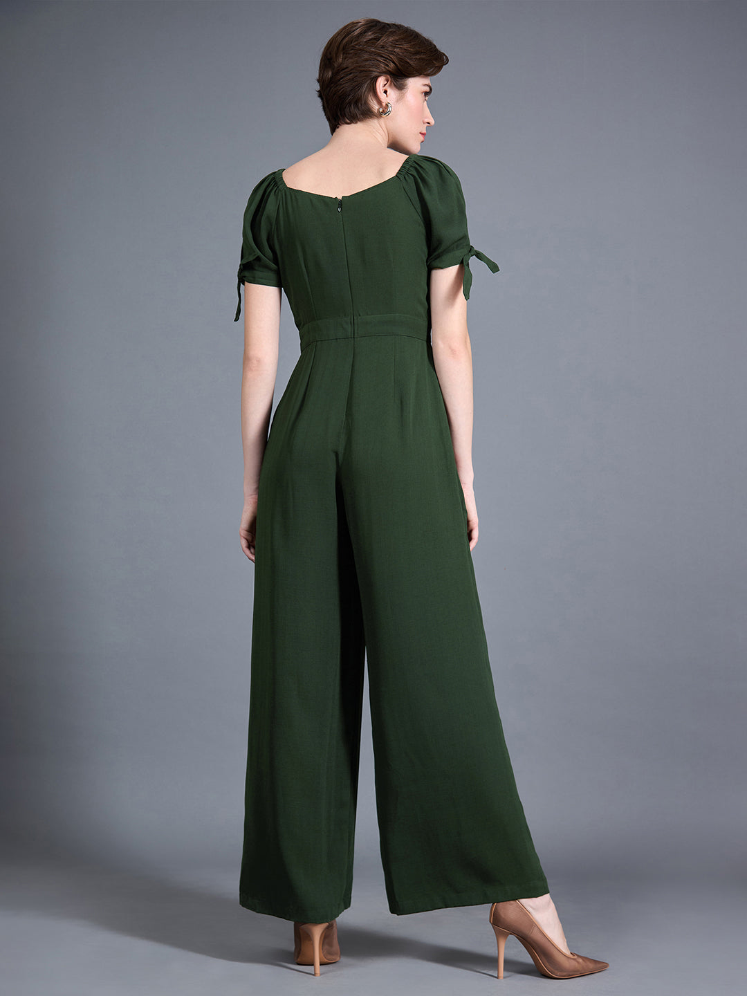 Women's Dark Green Square neck Puff sleeve Solid Wide Leg Regular Jumpsuit