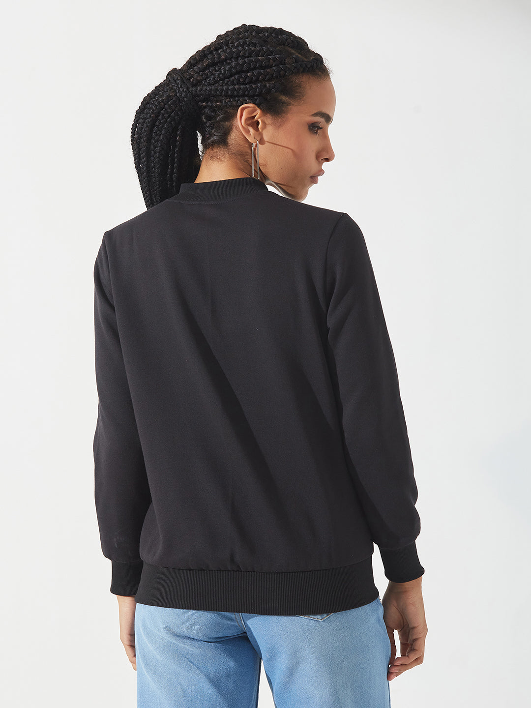 Black Collared Full-Sleeves Solid Bomber Ribbed Jacket for Women