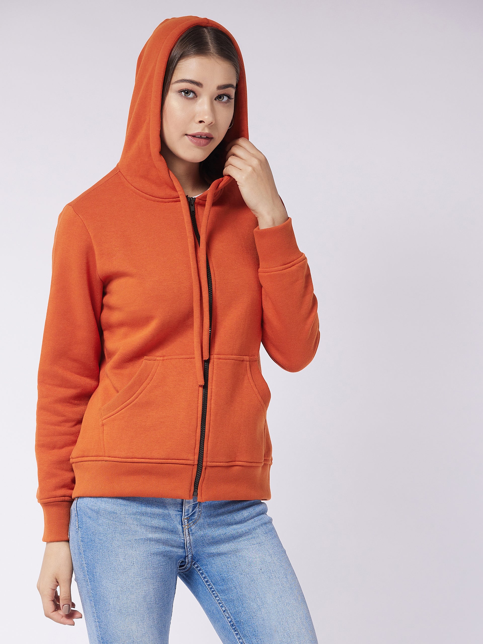 Women's Rust Round Neck Full Sleeve Solid Hooded Regular Sweatshirt