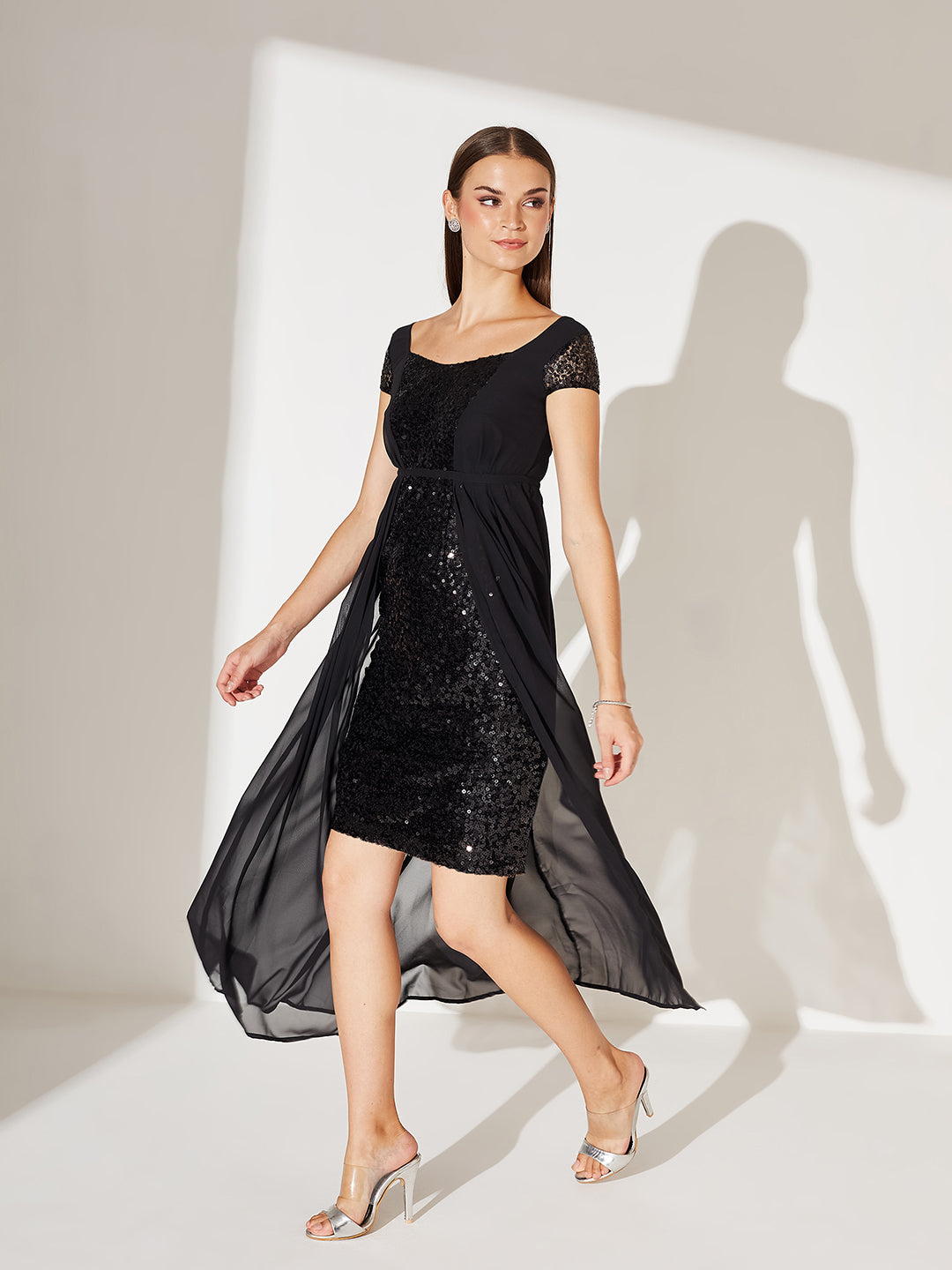 Women's Black Embellished Fit & Flare Maxi Dress