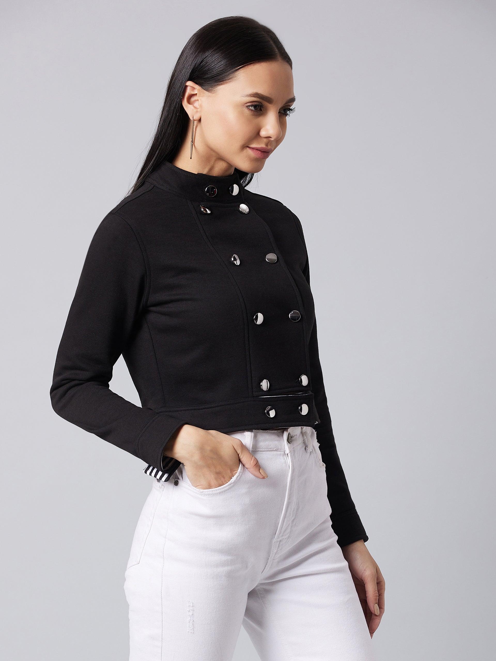 Women's Black Round Neck Full Sleeve Solid Paneled Crop Jacket