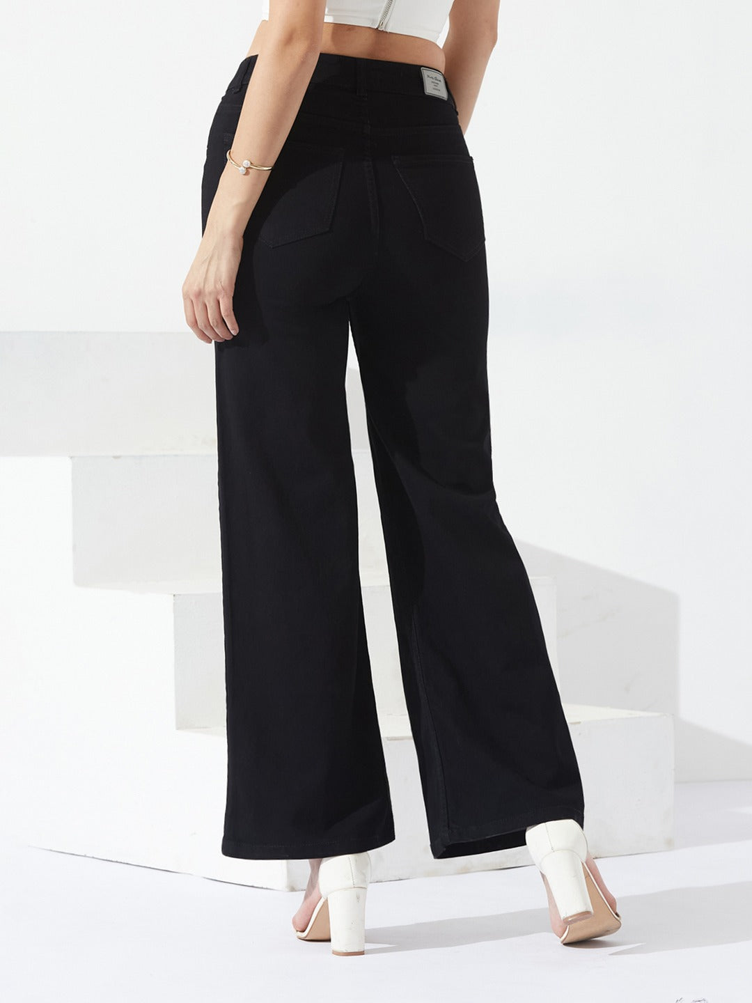 Black Wide Leg high-rise Hand Painted Skeleton Art Stretchable Denim Jeans for Women