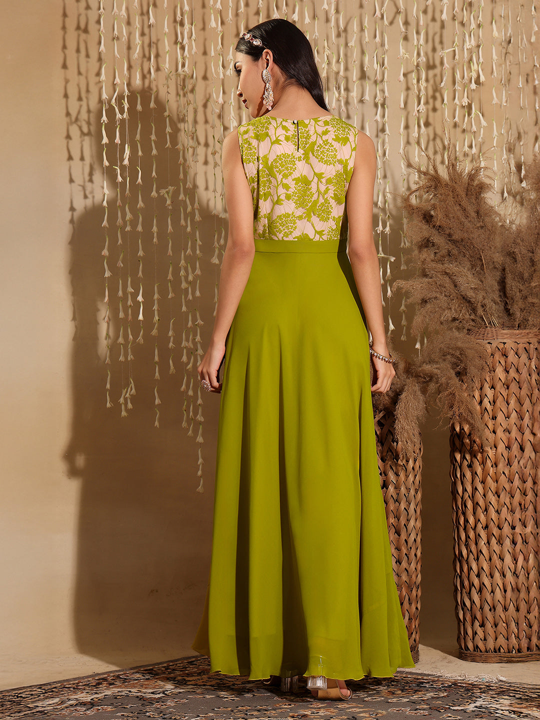 Women's Lemon Green Round Neck Sleeveless Georgette Floral Lace Fit & Flare Maxi Dress