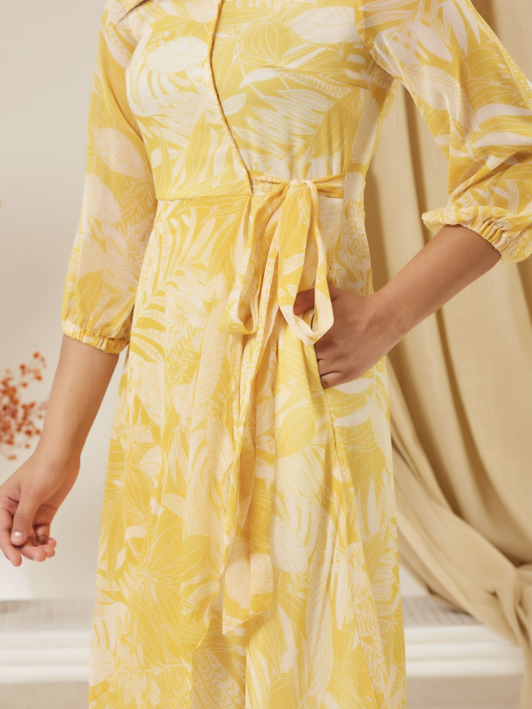 Yellow & White V neck Full sleeve Floral Layered Maxi Dress for Girls/Teenagers
