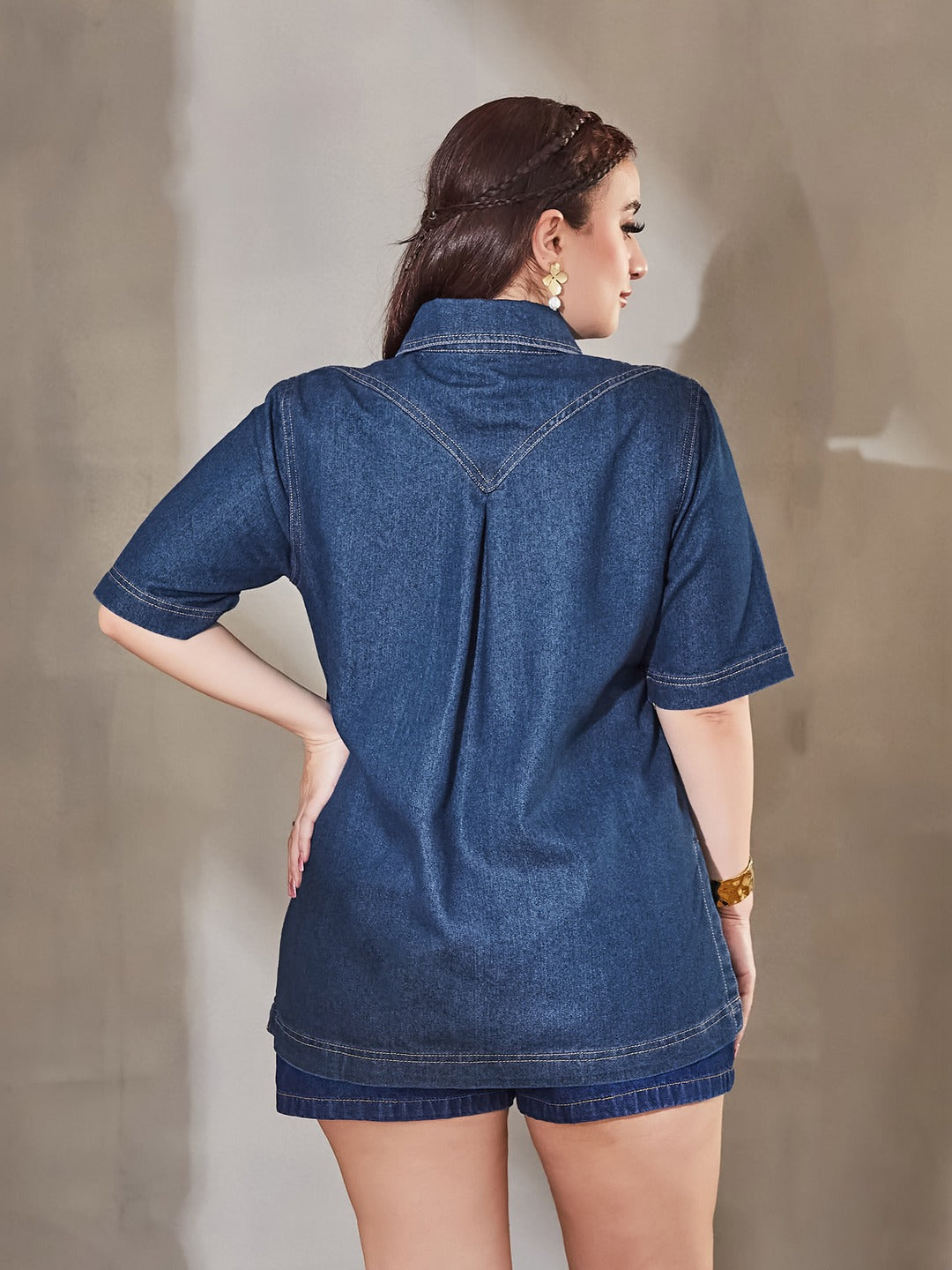 Navy Blue Boxy Denim Shirt - Half Sleeves, Collared, Relaxed Fit for Women
