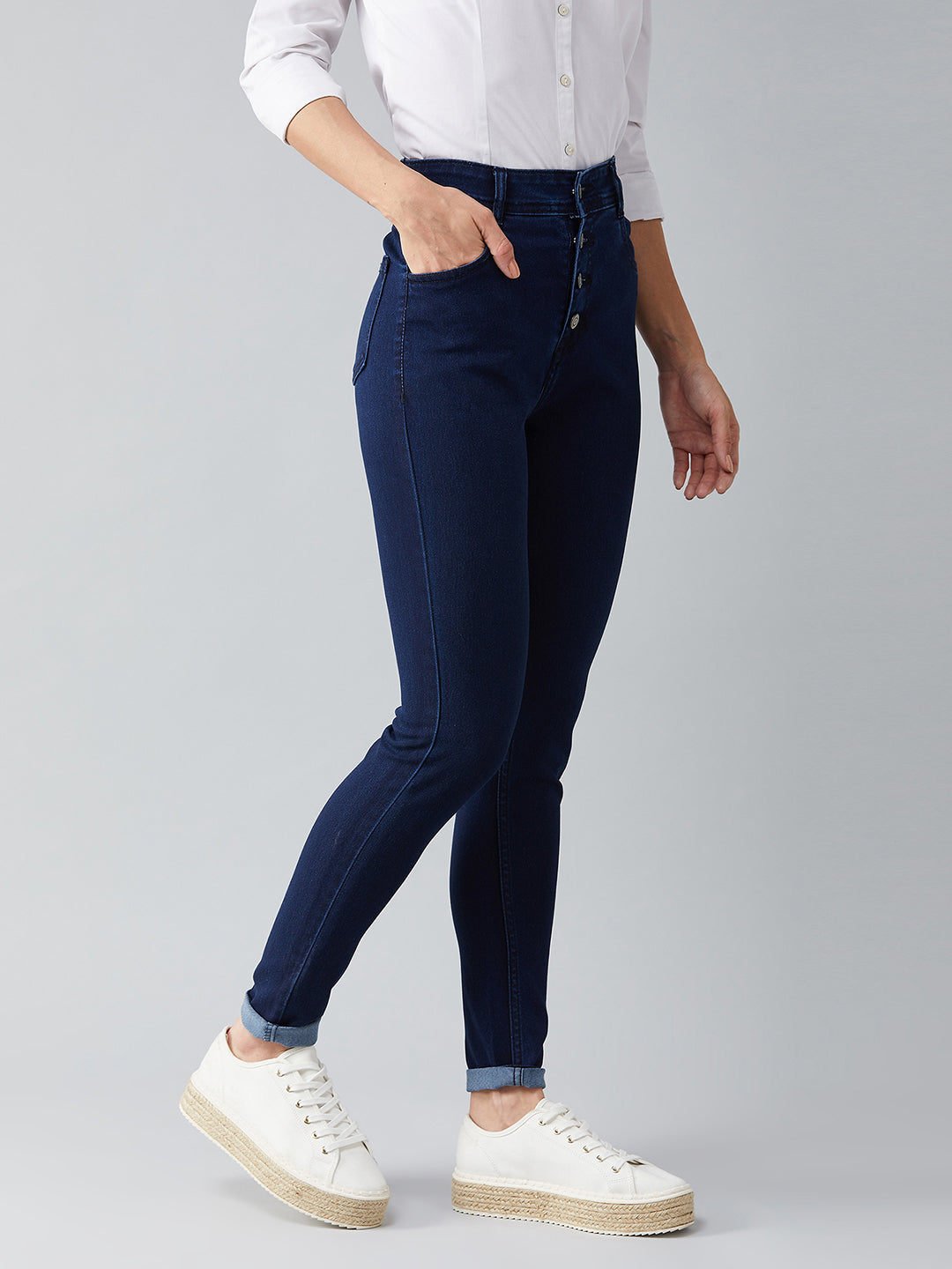 Women's Navy Blue Skinny Fit High Rise Regular Length Clean Look Stretchable Denim Jeans