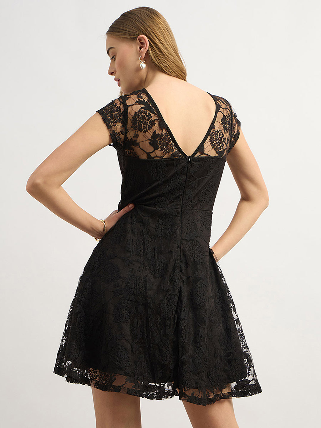 Women's Black Round Neck Cap Sleeves Low Back Lace Skater Dress