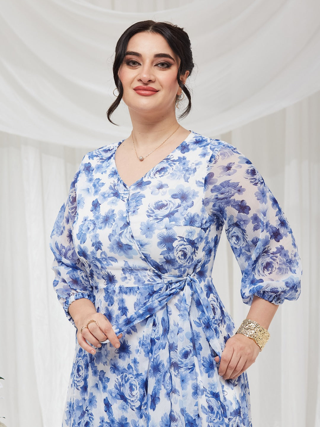White V-Neck Three-Quarter Sleeve Floral Wrap Chiffon Midi Dress for Women