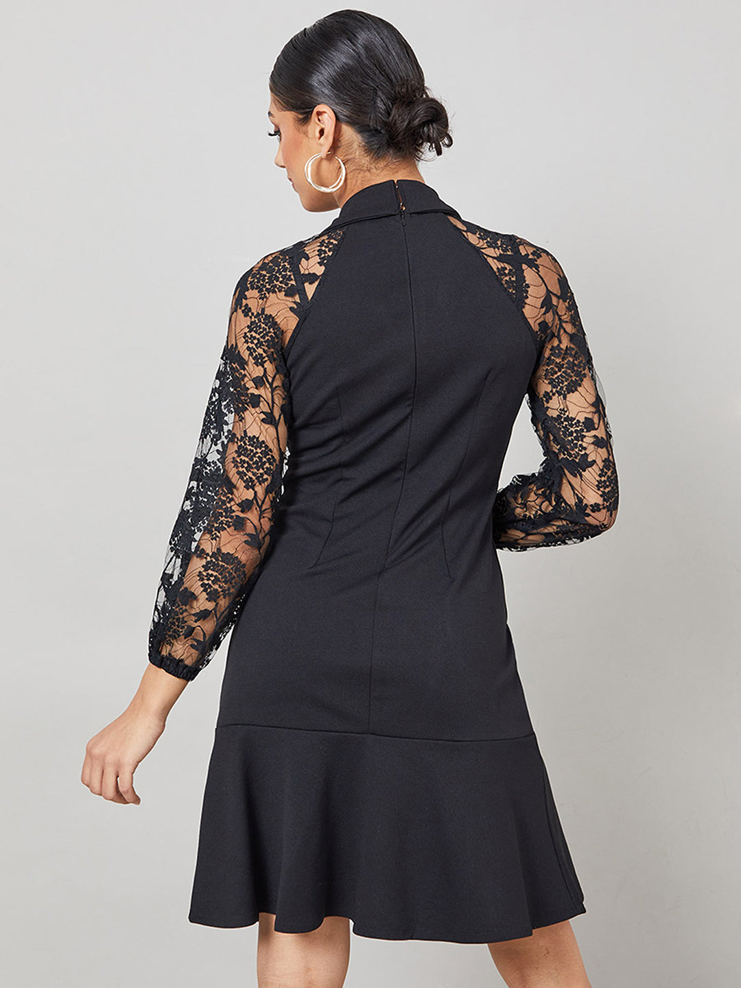 Women's Black Notch Collared Solid Ruffled Knee-Length Dress