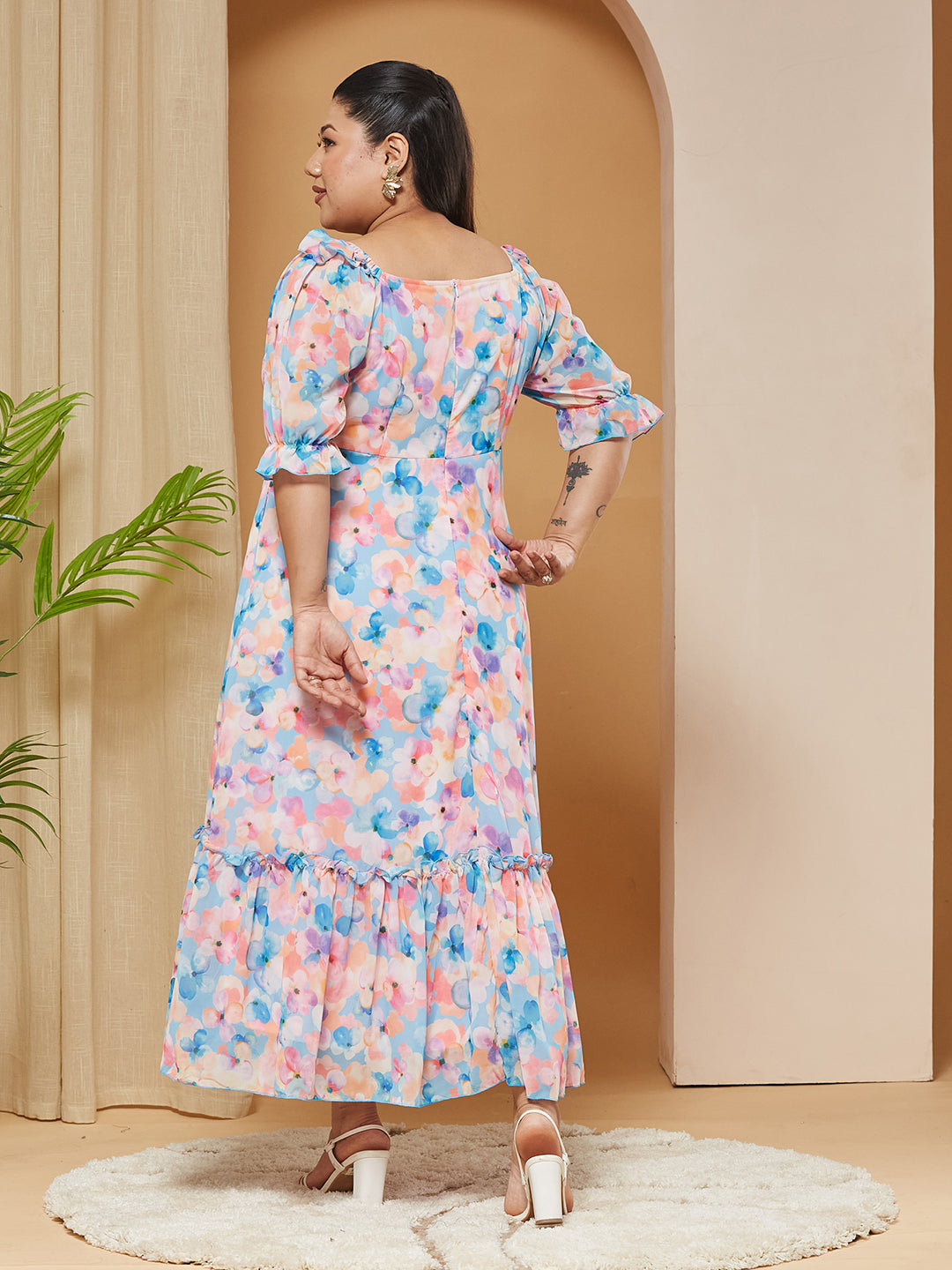 Multicolored-Base-Sky Blue V-Neck Puff-Sleeves Floral Ruching Ankle-Length Dress for Women