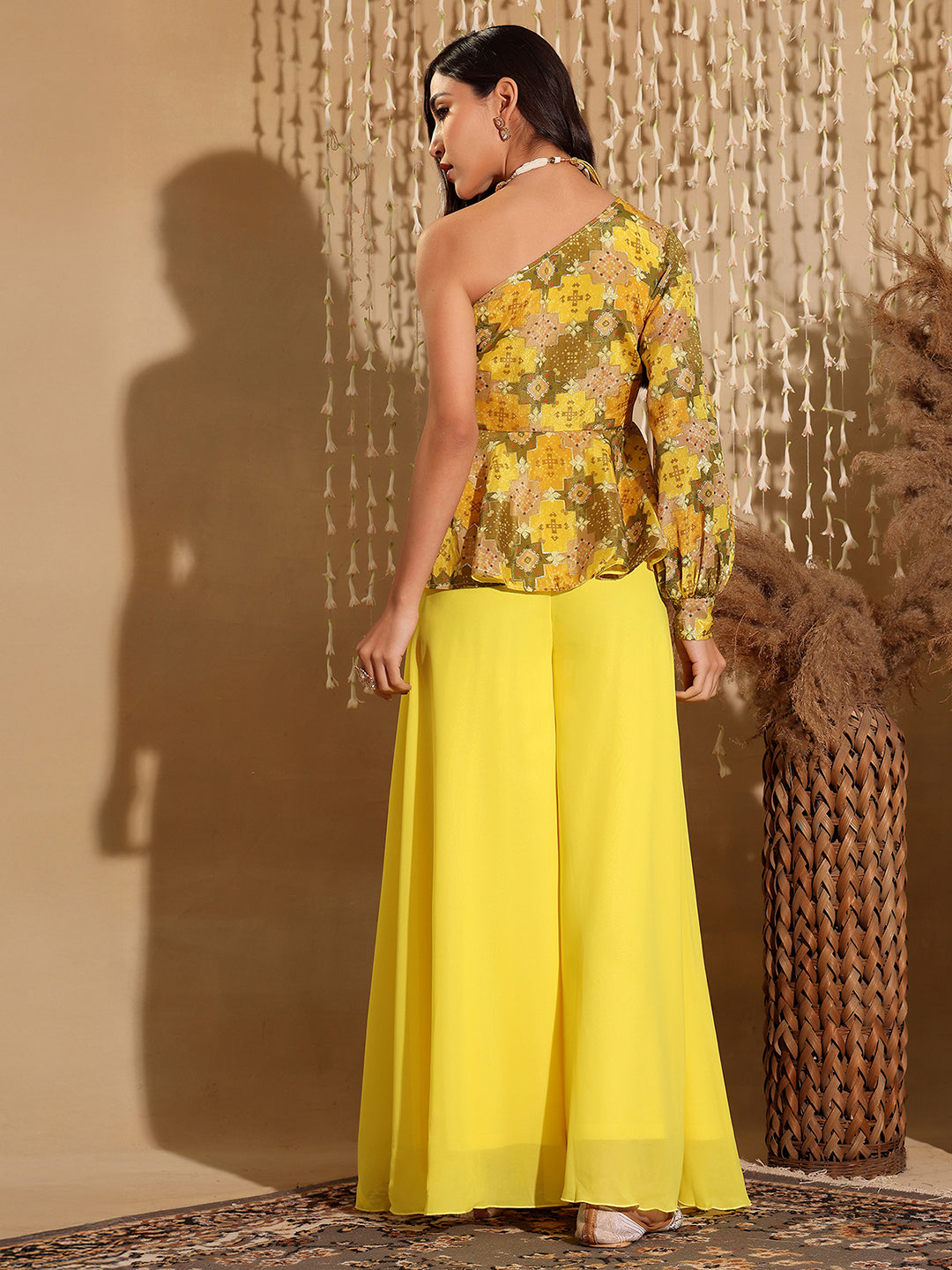 Women's Multicolored-Base-Yellow  Geometric One Shoulder Neck Bishop Sleeves Georgette Layered Regular-Length Jumpsuit