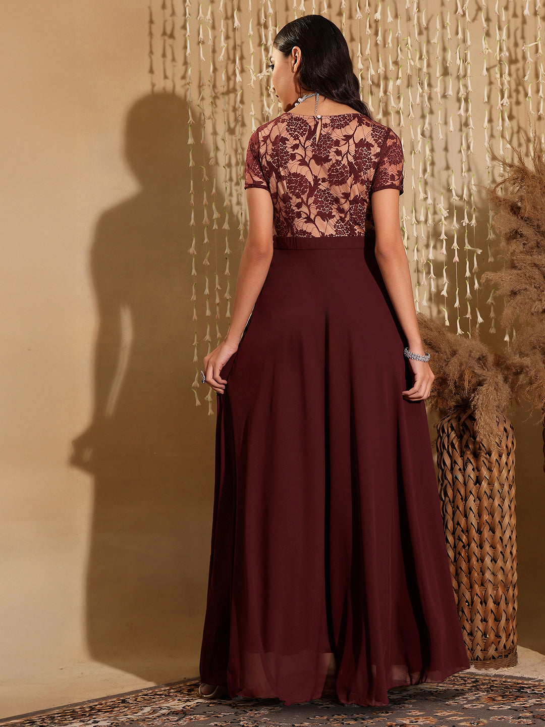Women's Wine & Beige Relaxed Fit Regular Georgette Dress