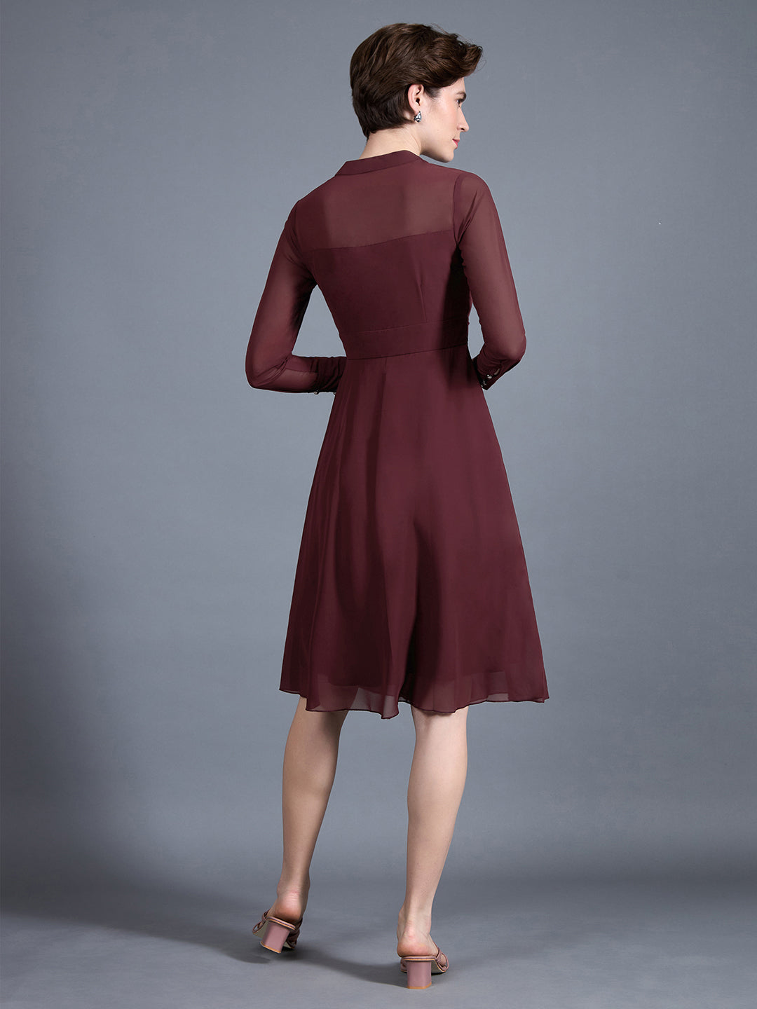 Women's Wine Red V-Neck Full Sleeve Solid Fit & Flare Midi Dress