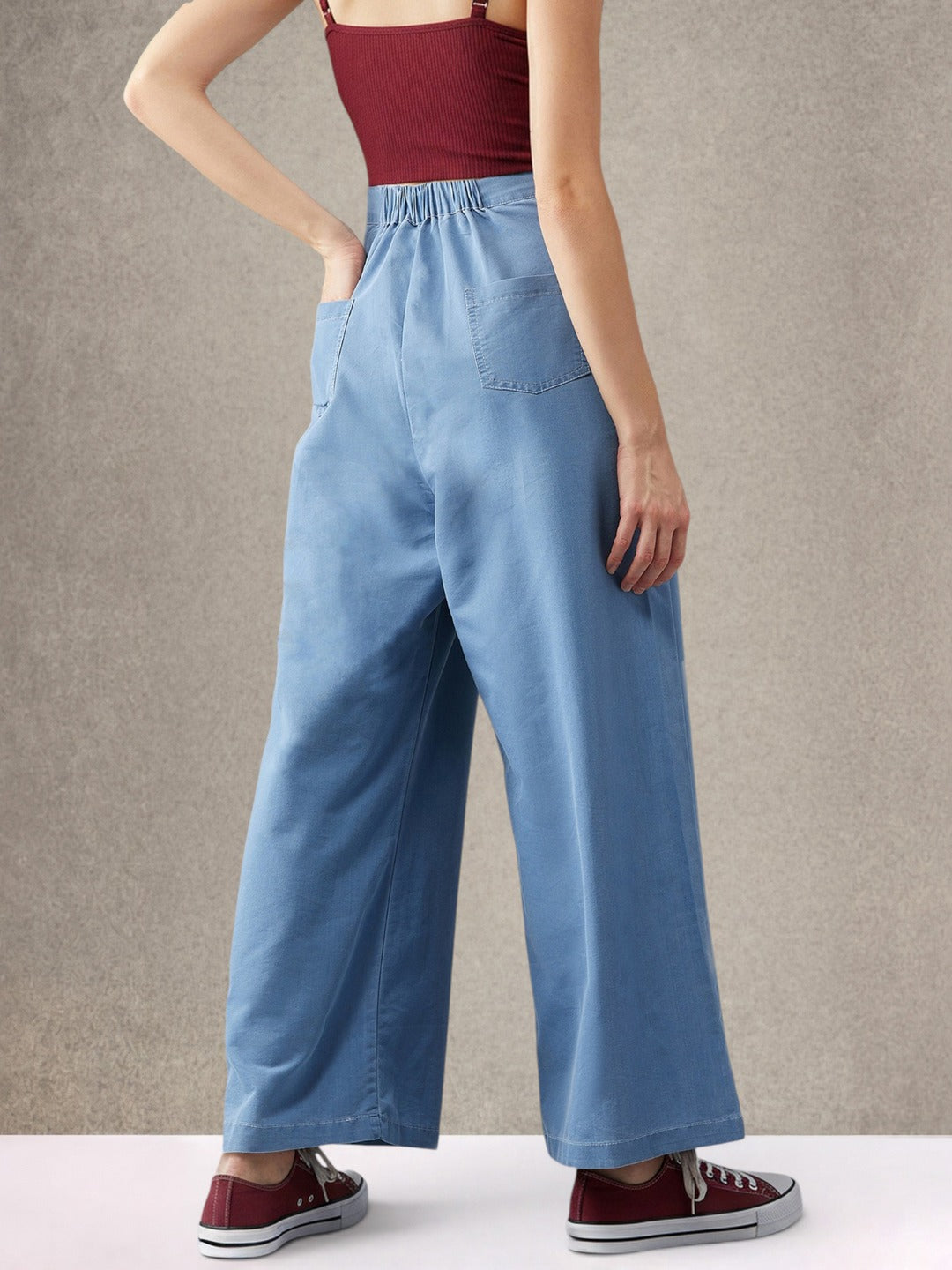 Blue Flared Wide-Leg High Rise Non Stretchable Denim Pants for Women
