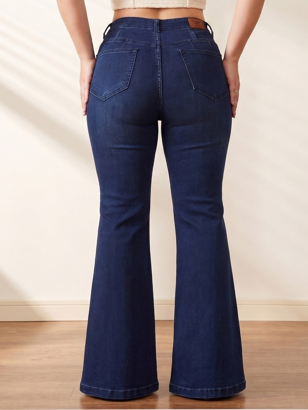 Mid Blue Wide-Leg High-Rise Stretchable Denim Jeans for Women