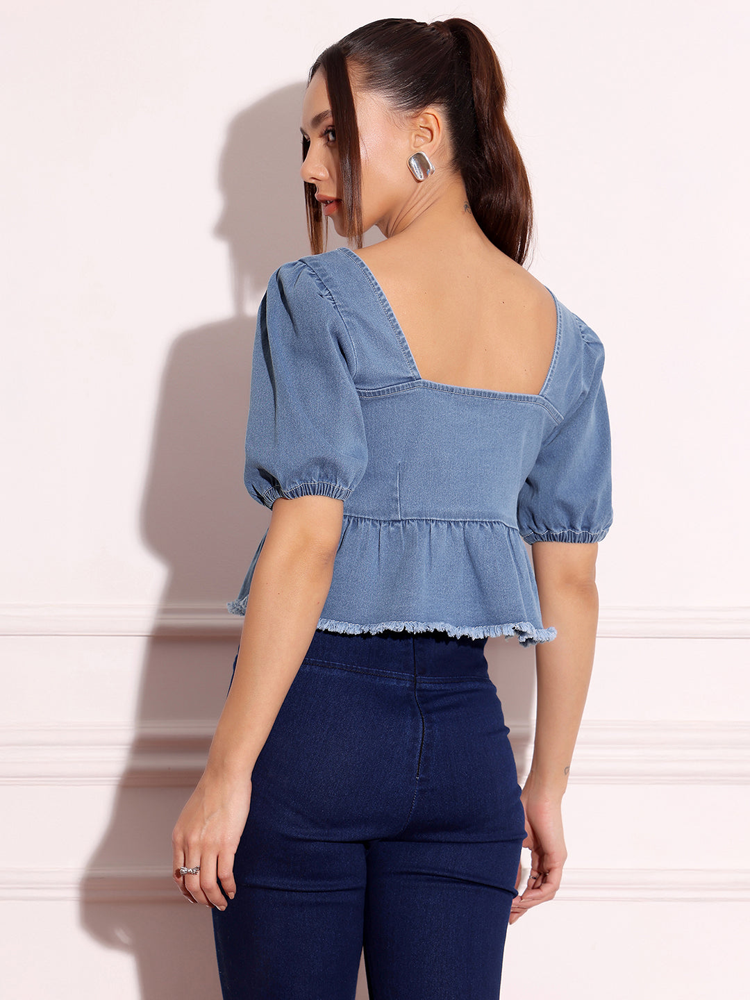 Light Blue Square-Neck Puff-Sleeve Peplum-Styled Denim Cropped Top For Women — Miss Chase