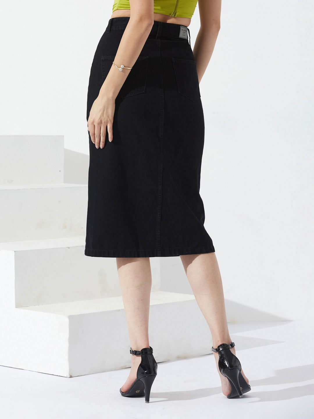 Black Straight-Fit High-Rise Stretchable Denim Midi Skirt for Women