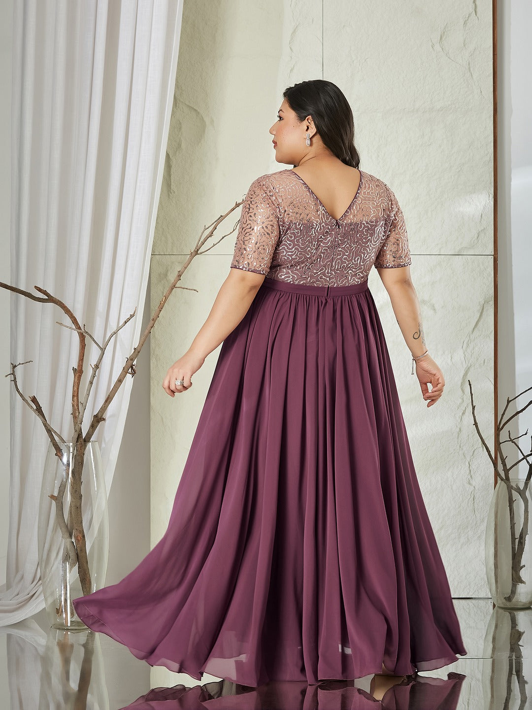 Mauve Relaxed Fit Maxi Georgette & Sequins Dress for Women